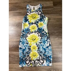 Jacaranda Sheath Dress Cottagecore Yellow Floral Blue Baroque Keyhole Back Sz: M